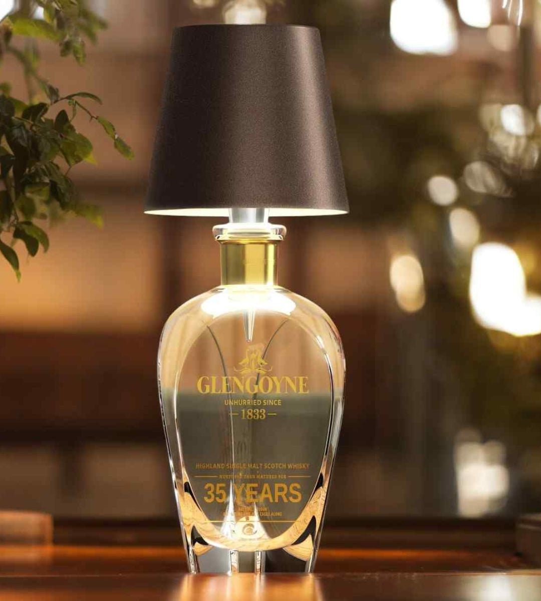 Donkerbruine lampenkap op een kristallen karaf met gouden hals, brandend op een houten tafel met plant. 5