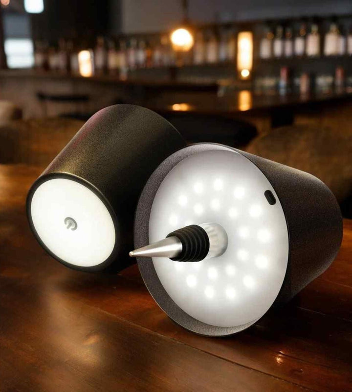 Twee zwarte lampen liggend op een houten tafel, met zichtbare ledlampjes, aanraakknop, oplaadaansluiting en stop met metalen punt. 10