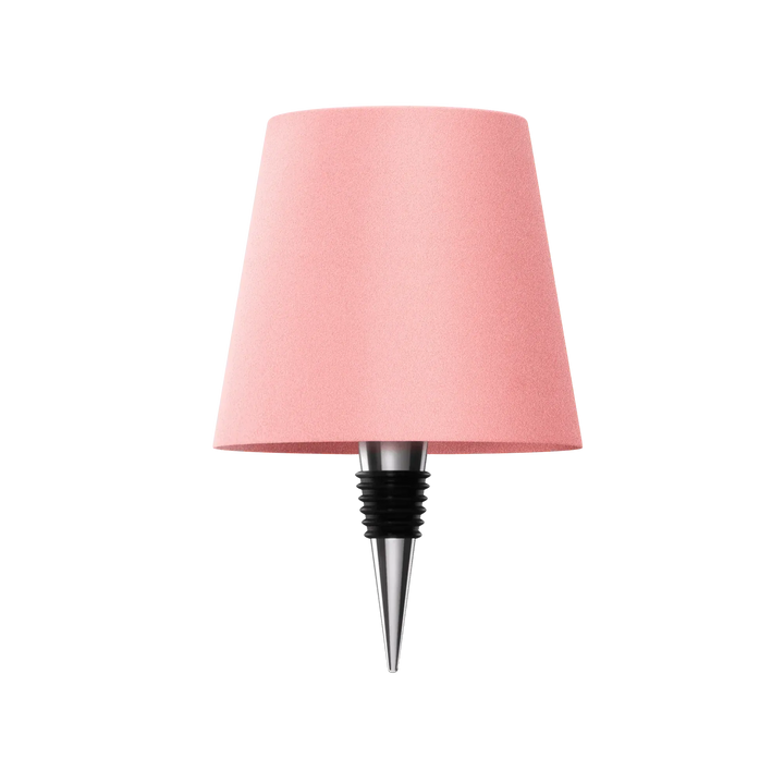 Roze lampenkap met flesstop van metaal en zwart rubber, vrijgesteld op een witte achtergrond. 16