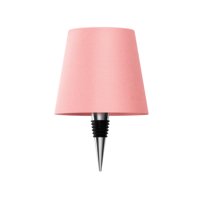 Roze lampenkap met flesstop van metaal en zwart rubber, vrijgesteld op een witte achtergrond. 16