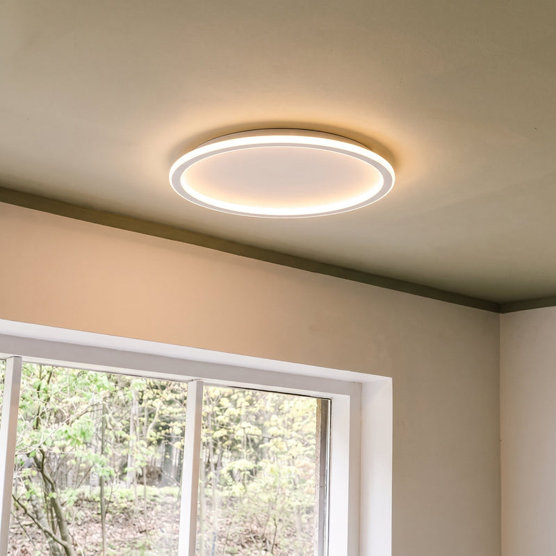 Ronde plafondlamp aan boven een raam met uitzicht op bomen, schuin geplaatst tegen een plafond met een groene rand. 8