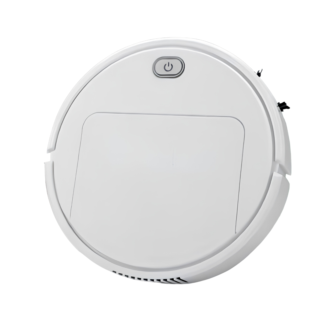 Witte ronde robotstofzuiger van bovenaf, met aan/uit-knop en een rechthoekig klepje op het deksel, tegen een witte achtergrond. 1