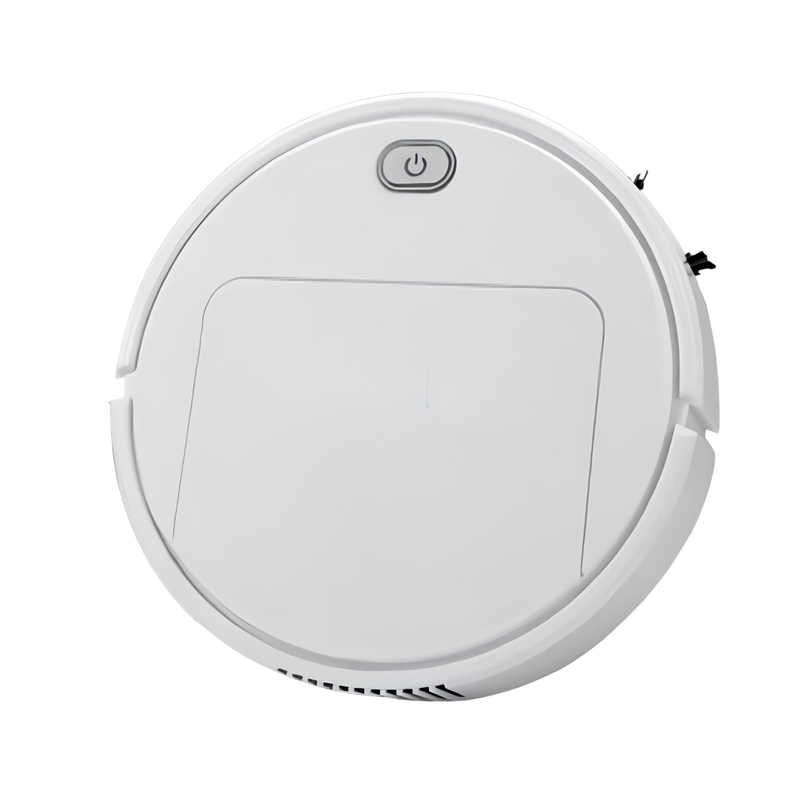 Witte ronde robotstofzuiger van bovenaf, met aan/uit-knop en een rechthoekig klepje op het deksel, tegen een witte achtergrond. 1