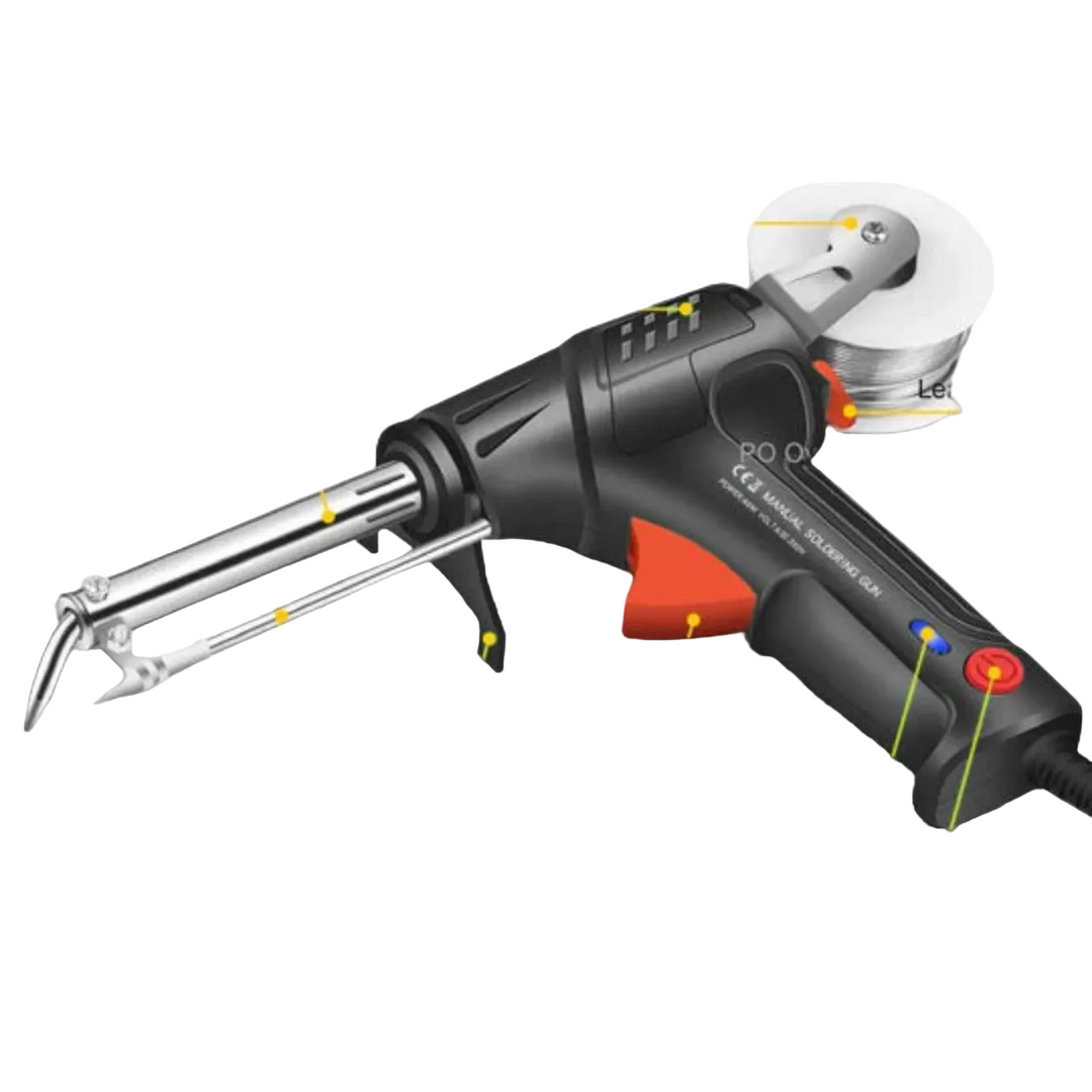 Zwart soldeerpistool met oranje trekker, rolletje soldeerdraad bovenop en metalen punt met buisje voor de draadaanvoer, schuin van voren gezien. 1
