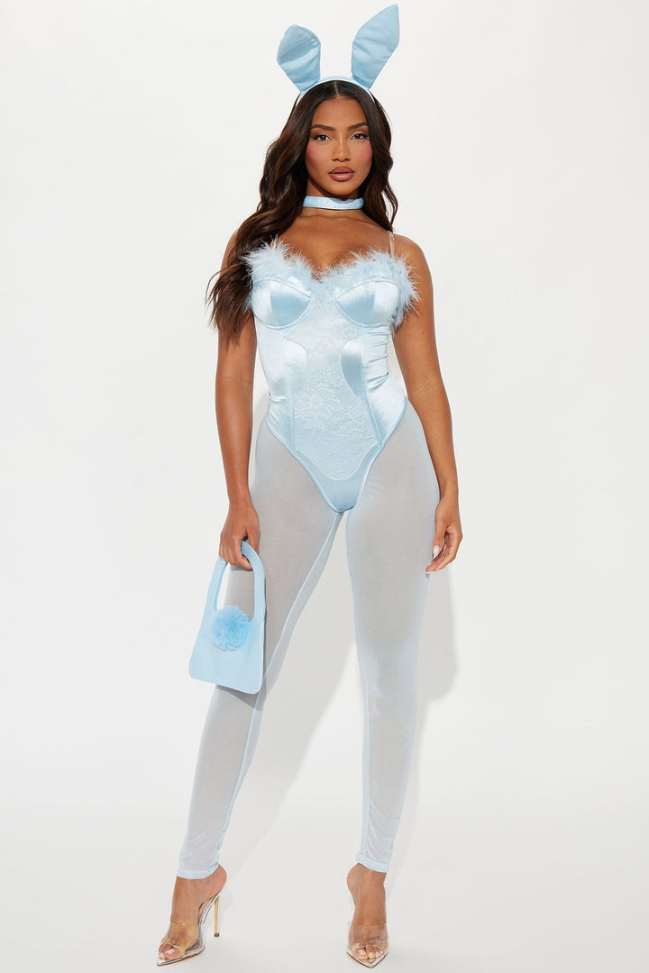 Model draagt de set in lichtblauw: satijnen body met kant, veren rand, doorzichtige legging, oren en tasje 4