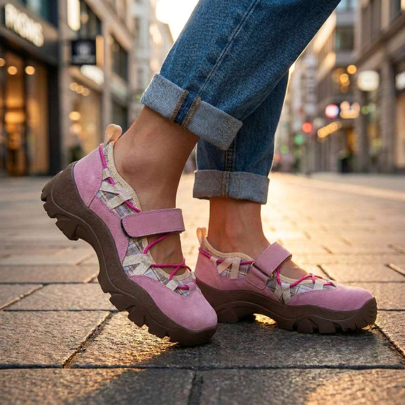 Roze suÃ¨de schoenen met felroze elastiek en bruine zool, gedragen met opgerolde jeans op een stoeptegelstraat in de stad. 9