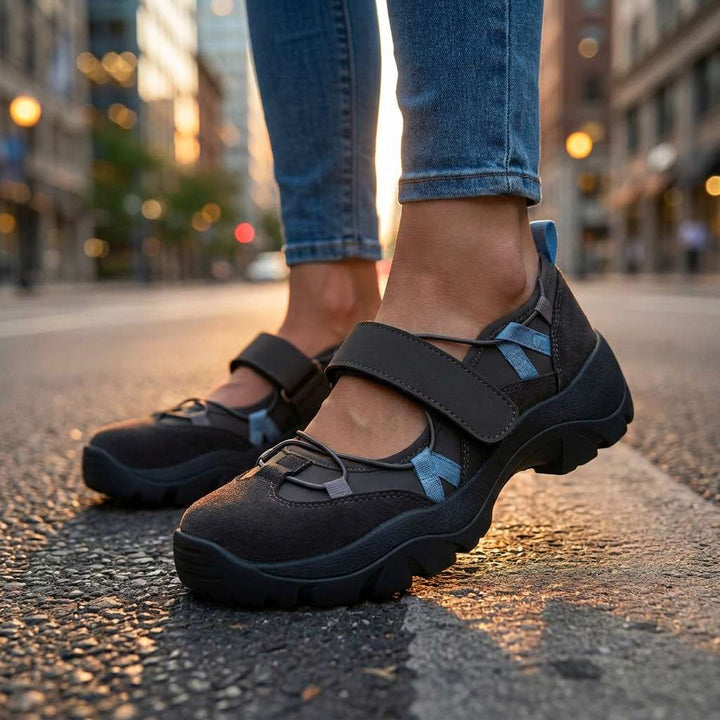 Donkere schoenen met lichtblauwe accenten, laag bij de grond gefotografeerd op asfalt in een stad bij zonsondergang. 7