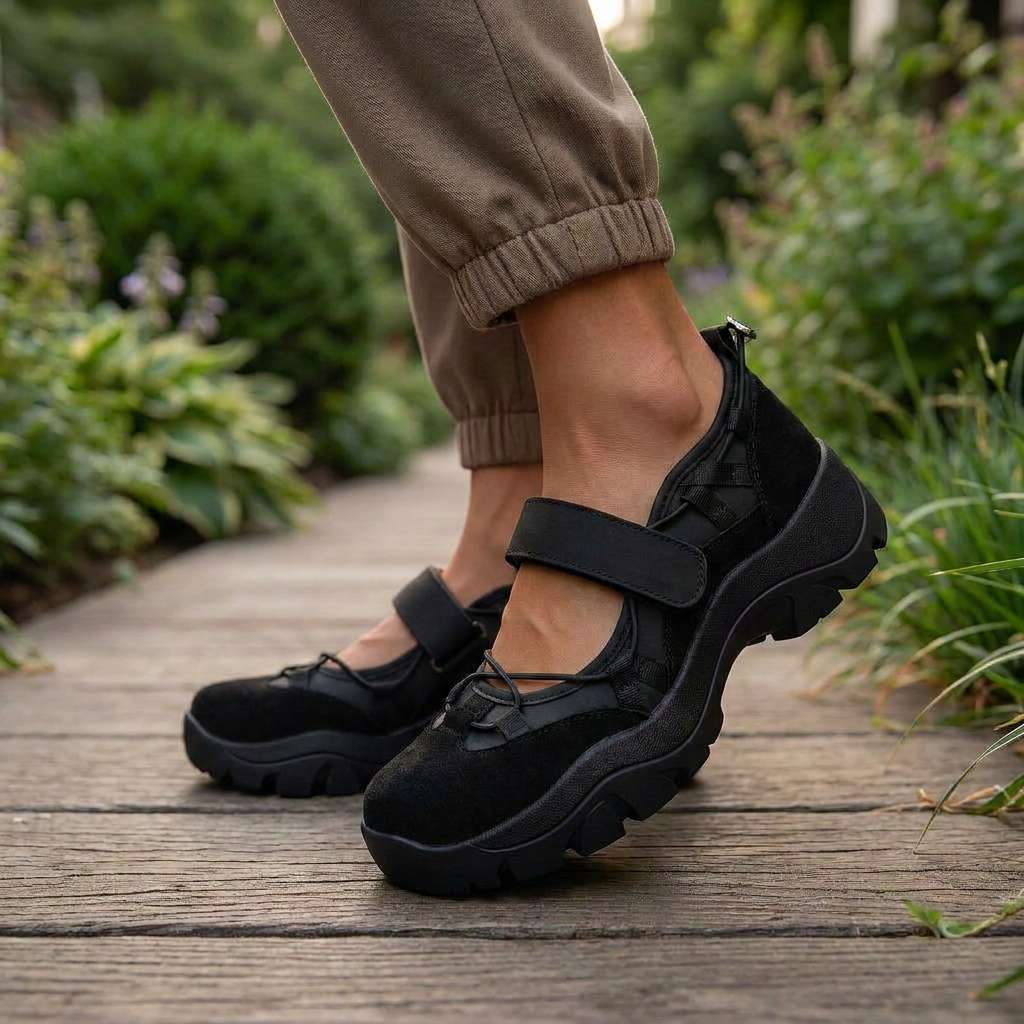 Zwarte schoenen met klittenbandband, gedragen met bruine broek op een houten pad omringd door tuinplanten. 10