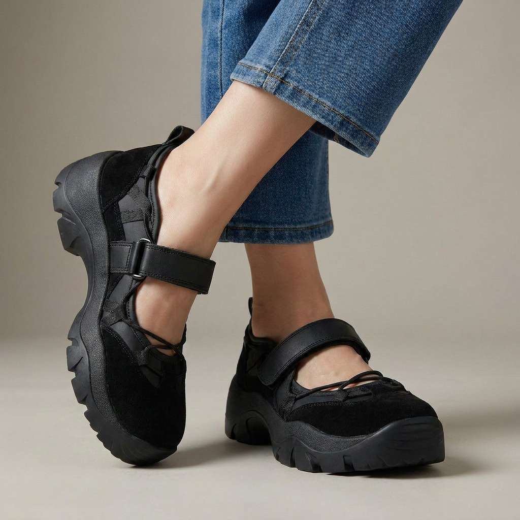 Zwarte schoenen met klittenbandband en dikke zwarte zool, gedragen met lichtblauwe jeans voor een neutrale studioachtergrond. 5