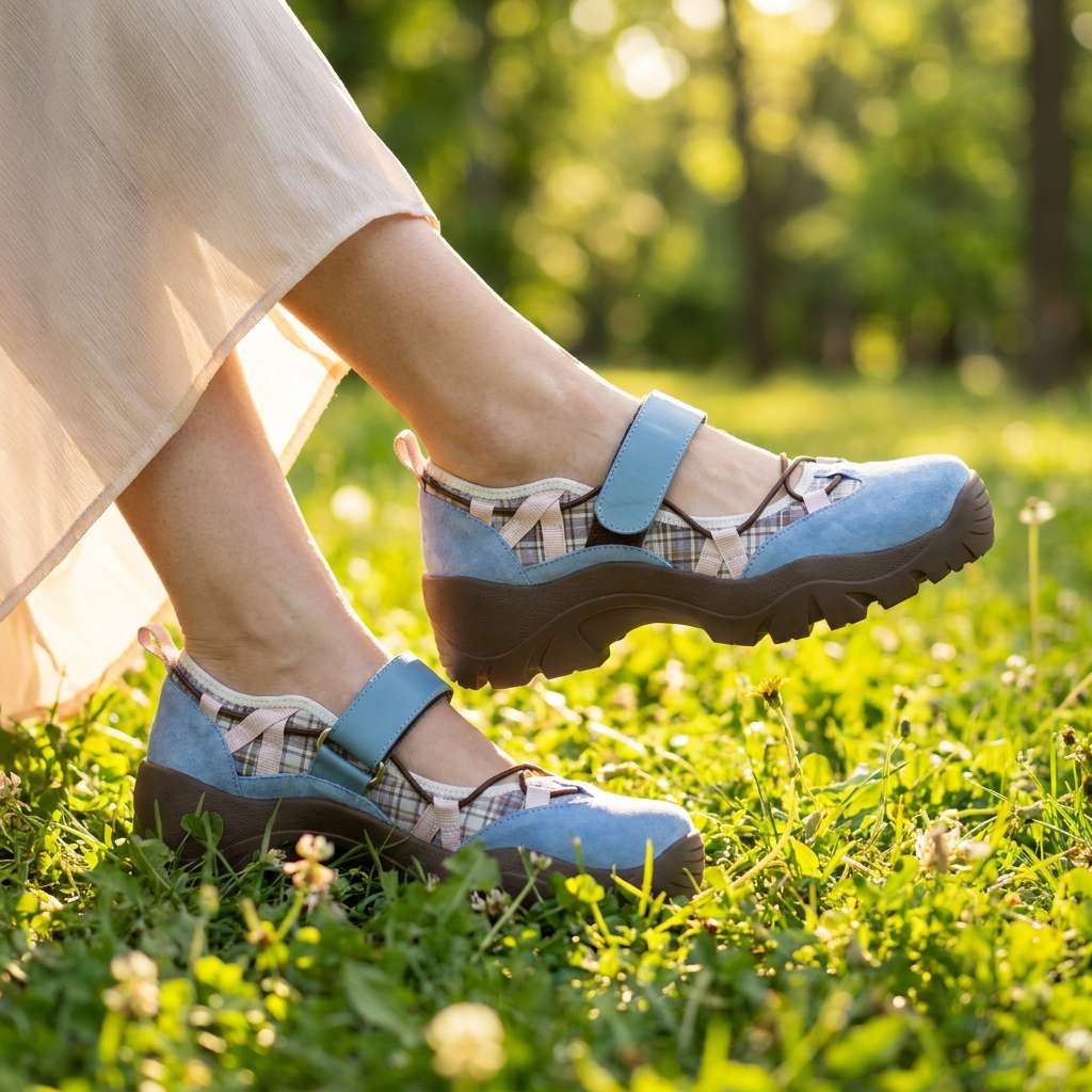 Blauwe suÃ¨de schoenen met ruitjesstof en bruine zool, gedragen met een lange beige rok in een zonnig grasveld. 8