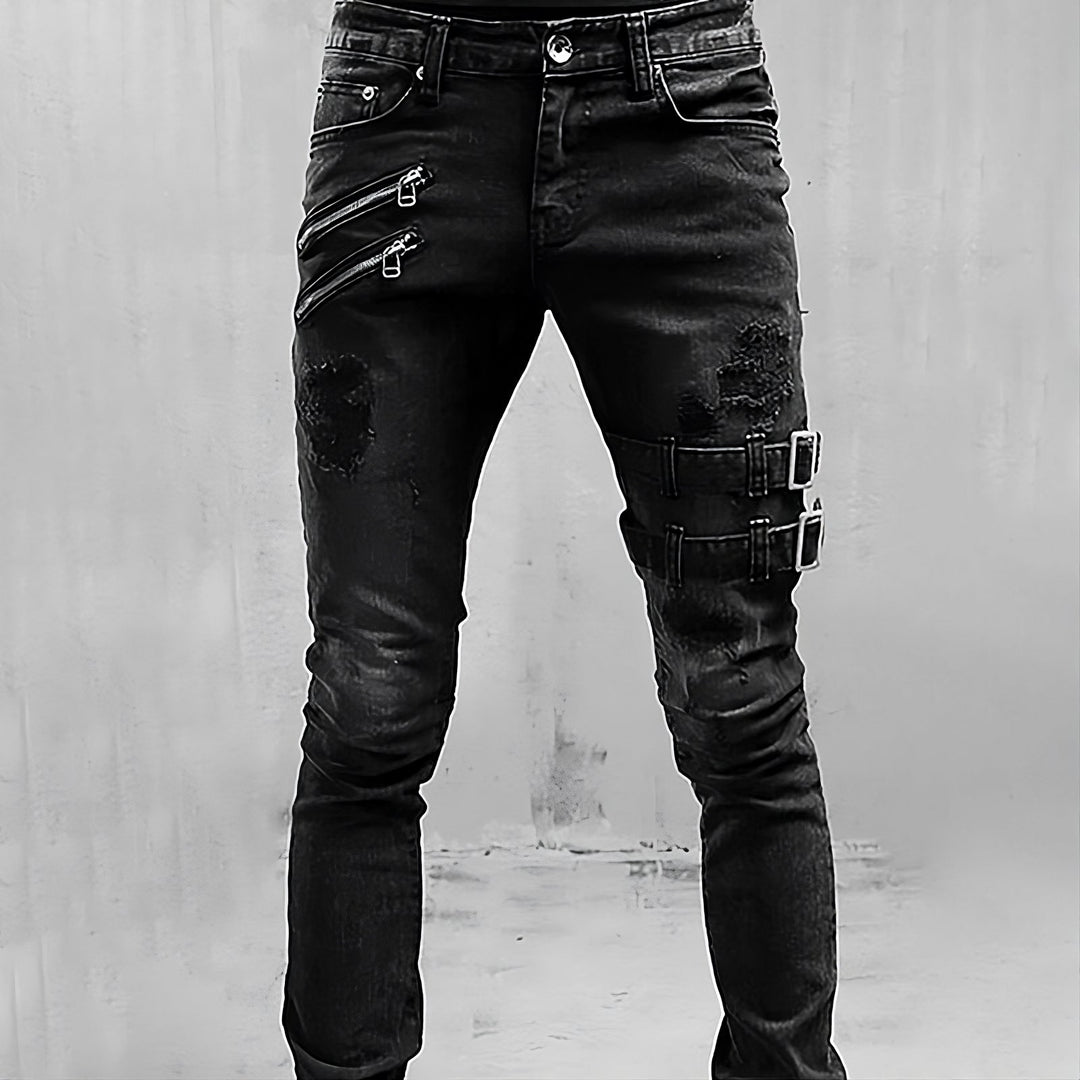 Herren-Denim-Jeans mit Schnallen und Reißverschlüssen - TitanEdge