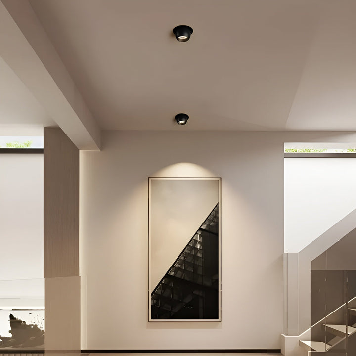 Twee zwarte inbouwspots in een plafond verlichten een ingelijst schilderij in een hal bij de trap 3