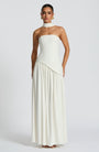Witte strapless maxi-jurk recht van voren, met sjaalkraag en geplooide rok met asymmetrische taille 34
