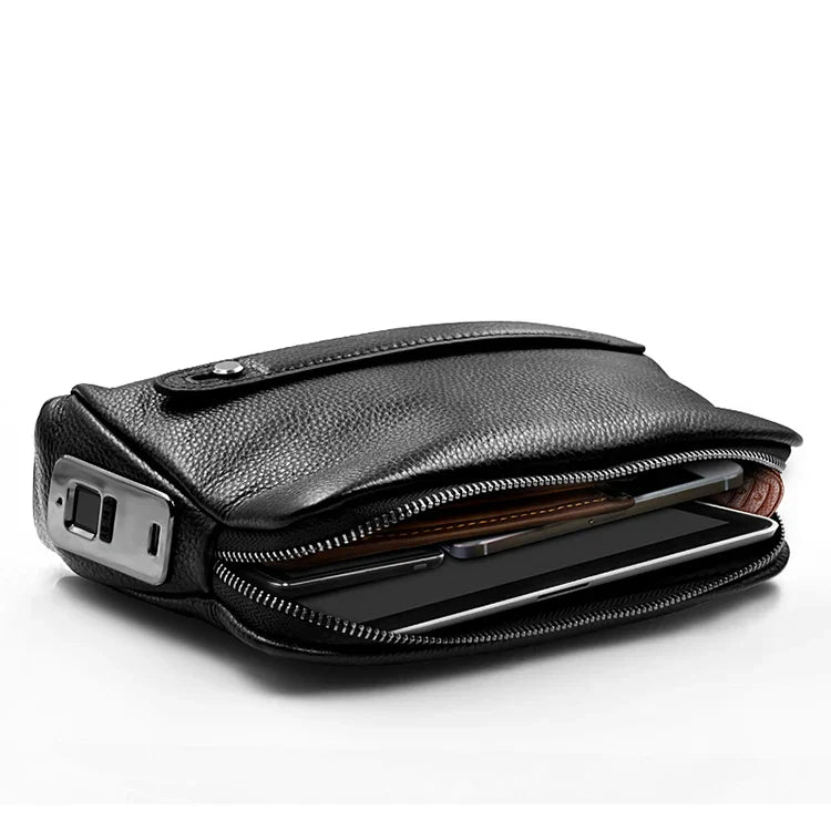 Leder Herren Diebstahlsichere Clutch mit Fingerabdruckschloss – Schwarz