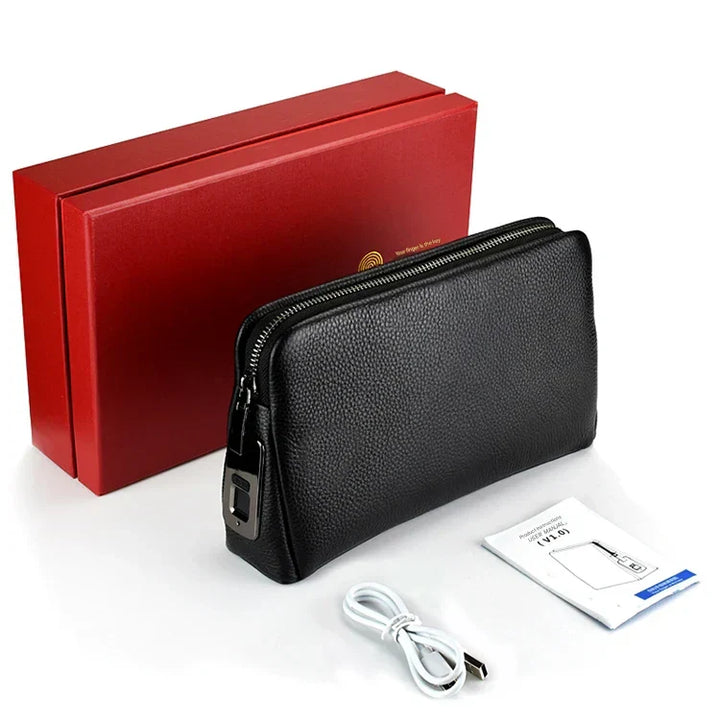 Leder Herren Diebstahlsichere Clutch mit Fingerabdruckschloss – Schwarz