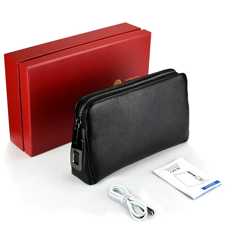 Leder Herren Diebstahlsichere Clutch mit Fingerabdruckschloss – Schwarz