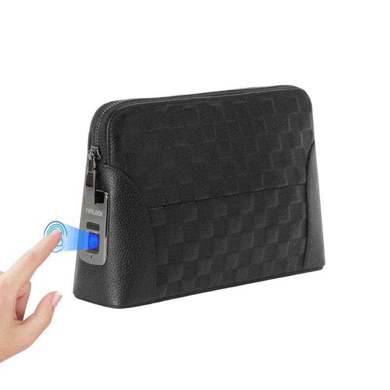 Leather Men's Handbag with Fingerprint Lock – Anti-Theft Clutch & Wallet