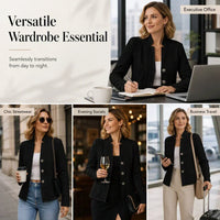 Collage van vier momenten met dezelfde zwarte gebreide blazer: op kantoor, in de stad met jeans, 's avonds met jurk en op reis. 21
