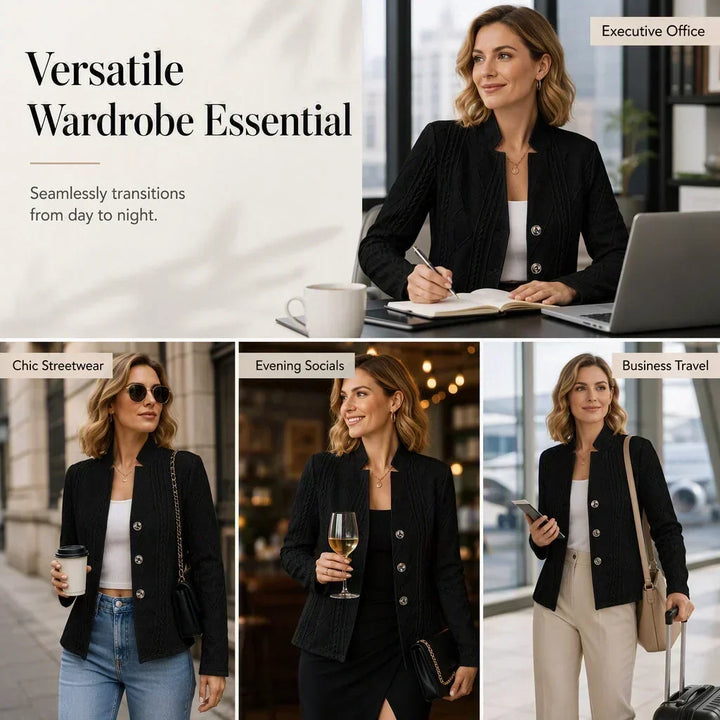Collage van vier momenten met dezelfde zwarte gebreide blazer: op kantoor, in de stad met jeans, 's avonds met jurk en op reis. 21