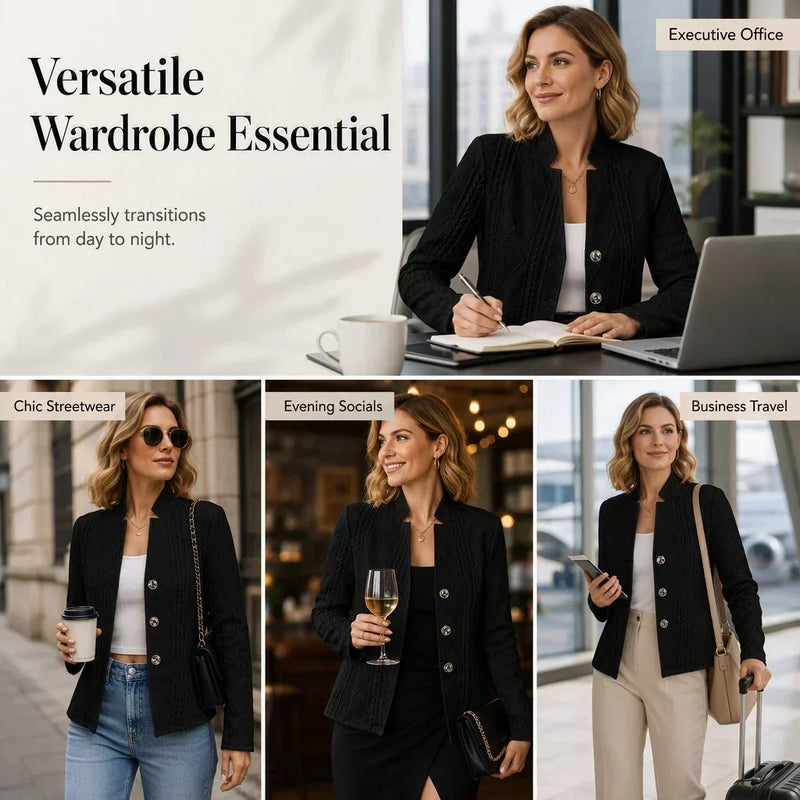 Collage van vier momenten met dezelfde zwarte gebreide blazer: op kantoor, in de stad met jeans, 's avonds met jurk en op reis. 21