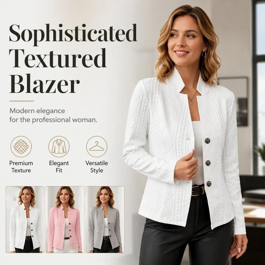 Vrouw in een witte structuurblazer met opstaande kraag; onderaan staan drie kleurvarianten in wit, roze en grijs. 17