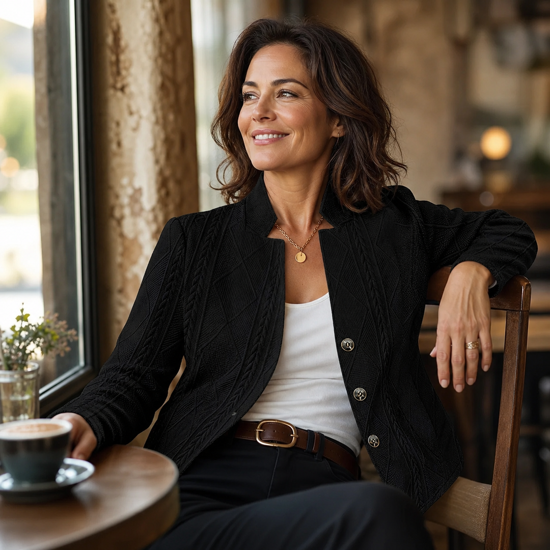 Vrouw zit lachend in een café in een zwarte blazer met kabelstructuur, witte top, riem en een kop koffie. 14