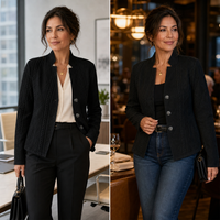 Twee combinaties naast elkaar: de zwarte blazer met pantalon en blouse op kantoor, en met spijkerbroek en zwarte top 's avonds. 16