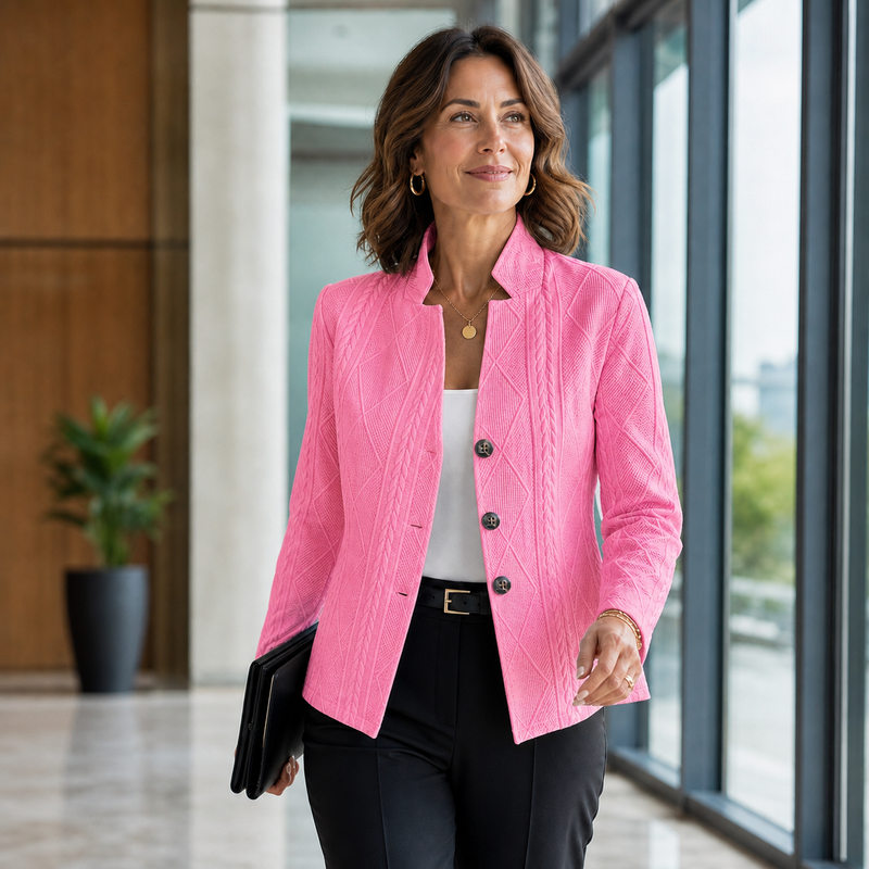 Vrouw loopt met een map onder de arm in een felroze blazer met kabelstructuur en drie knopen. 8