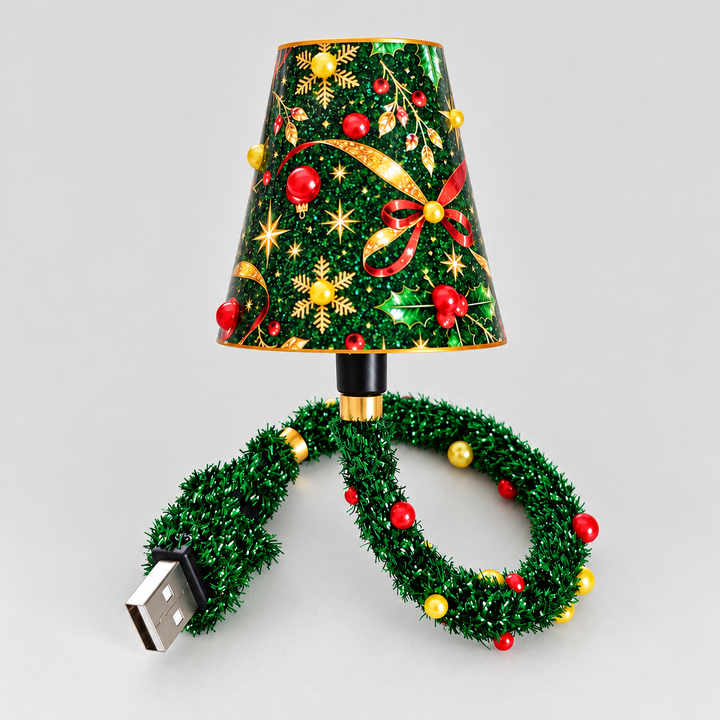 Kleine lamp met groene kerstschaduw vol gouden sneeuwvlokken, rode strikken en bessen, met een kronkelende groene klatergoudkabel en USB-stekker op grijze achte 1