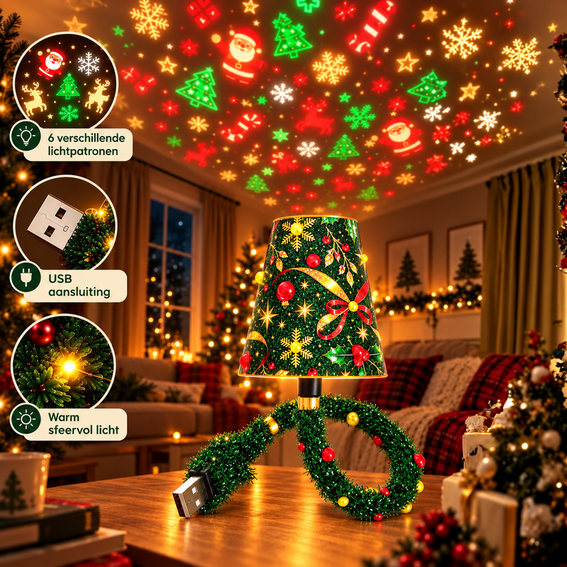 Brandende lamp op een houten tafel in een versierde woonkamer, die kerstmannen, bomen en sneeuwvlokken op het plafond projecteert, met drie detailcirkels. 2