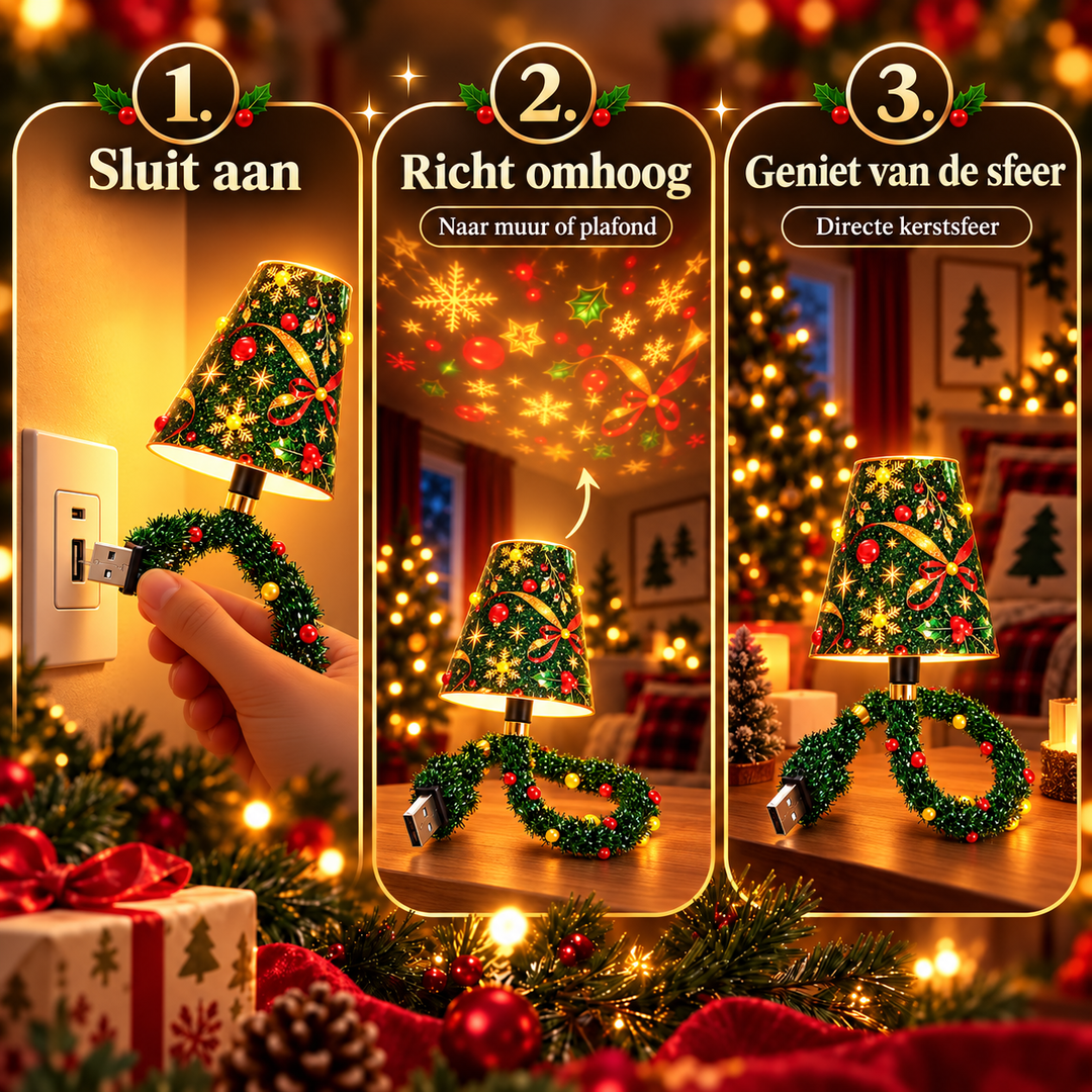 Stappenoverzicht in drie beelden: lamp in het stopcontact steken, omhoog richten naar muur of plafond en genieten van de kerstsfeer. 3