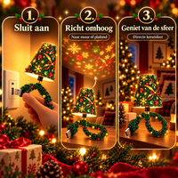 Stappenoverzicht in drie beelden: lamp in het stopcontact steken, omhoog richten naar muur of plafond en genieten van de kerstsfeer. 3