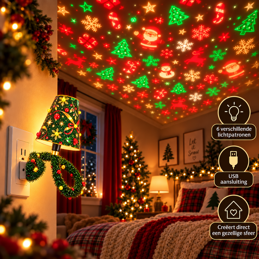 Lamp in een stopcontact in een slaapkamer die kerstfiguren en sterren op het plafond projecteert, naast een verlichte kerstboom. 6