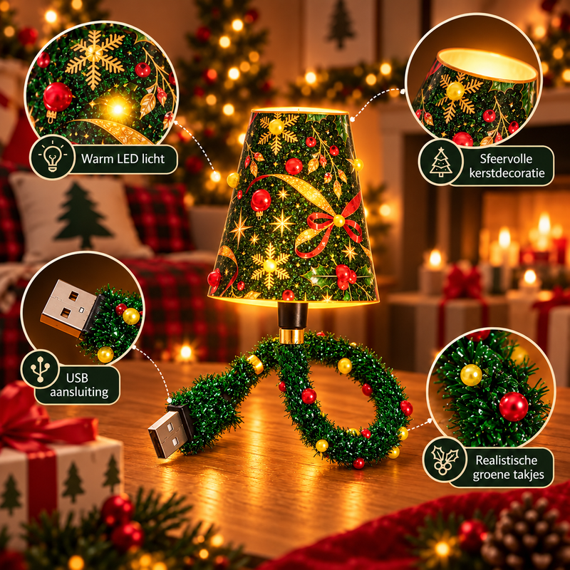 Lamp op een houten tafel met vier detailcirkels: warm LED-licht, de binnenkant van de kap, de USB-stekker en de groene takjes met kralen. 7