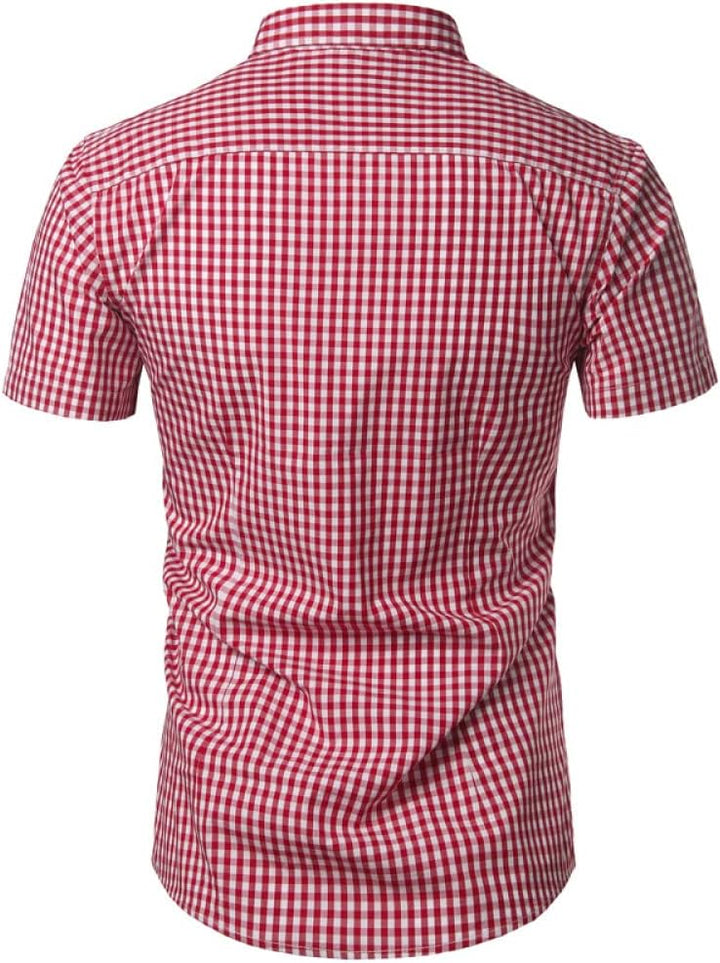 Achterkant van het rood-wit geruite overhemd met korte mouwen, met schoudernaad en afgeronde onderzoom. 12