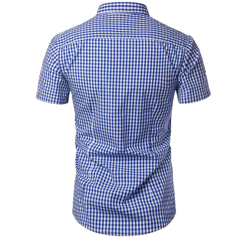 Achterkant van het blauw-wit geruite overhemd met korte mouwen, met schoudernaad en kraag zichtbaar. 6
