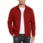 Model draagt de rode sweatshirtjack open over een wit T-shirt, frontaal gezien met opstaande kraag en hand in de zak. 4