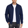 Model draagt de marineblauwe sweatshirtjack open over een wit T-shirt, met opstaande kraag en ribboorden aan mouwen en zoom. 3