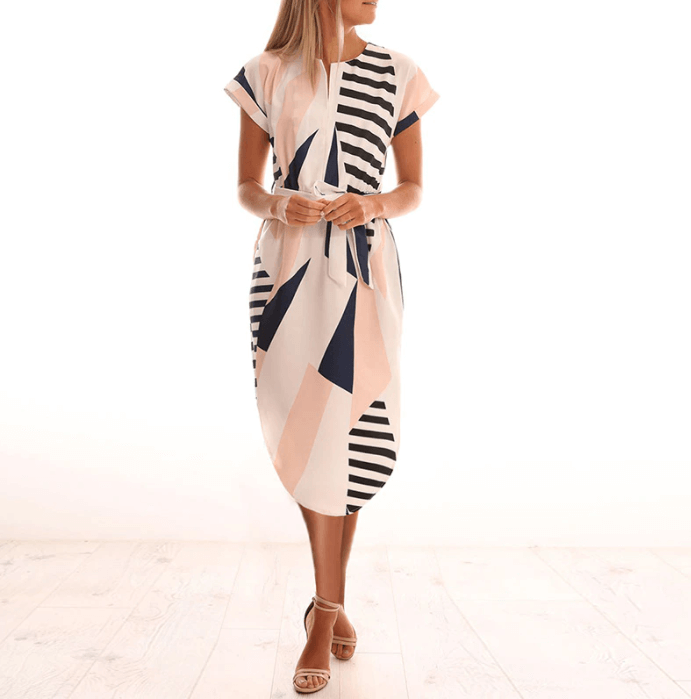 Trendy Asymmetrische Dames Midi-jurk met Print en Tailleband – Elira