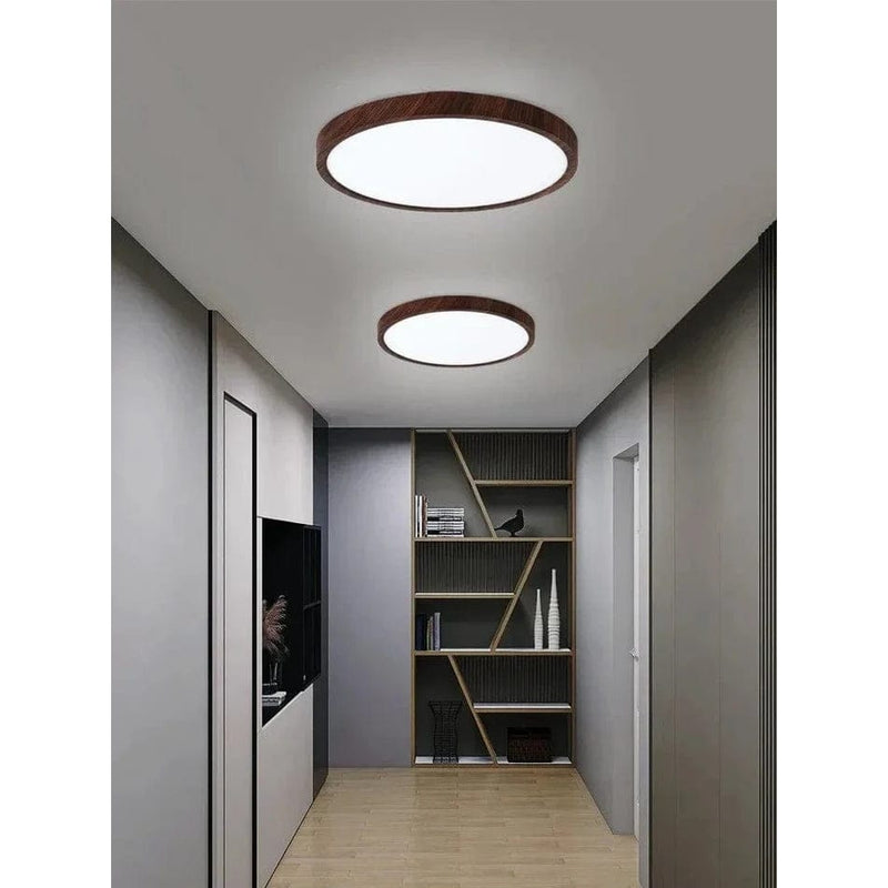 Twee ronde lampen met donkere houtlook rand aan het plafond van een grijze gang met open boekenkast. 6