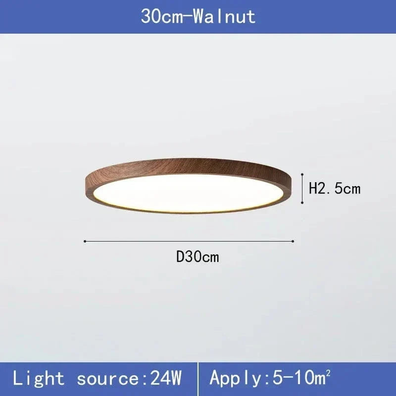 Productafbeelding van de lamp van 30 cm in donkere houtlook, met diameter- en hoogtemaat en vermogen en geschikte ruimte. 7