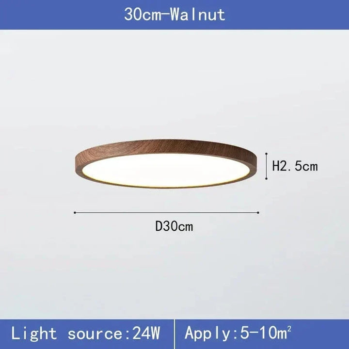 Productafbeelding van de lamp van 30 cm in donkere houtlook, met diameter- en hoogtemaat en vermogen en geschikte ruimte. 7