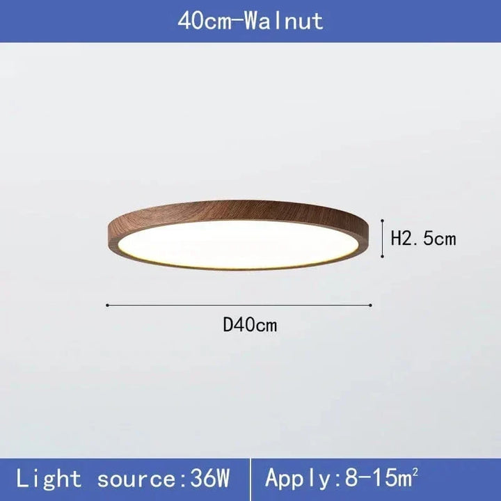 Productafbeelding van de lamp van 40 cm in donkere houtlook, met diameter- en hoogtemaat en vermogen en geschikte ruimte. 10