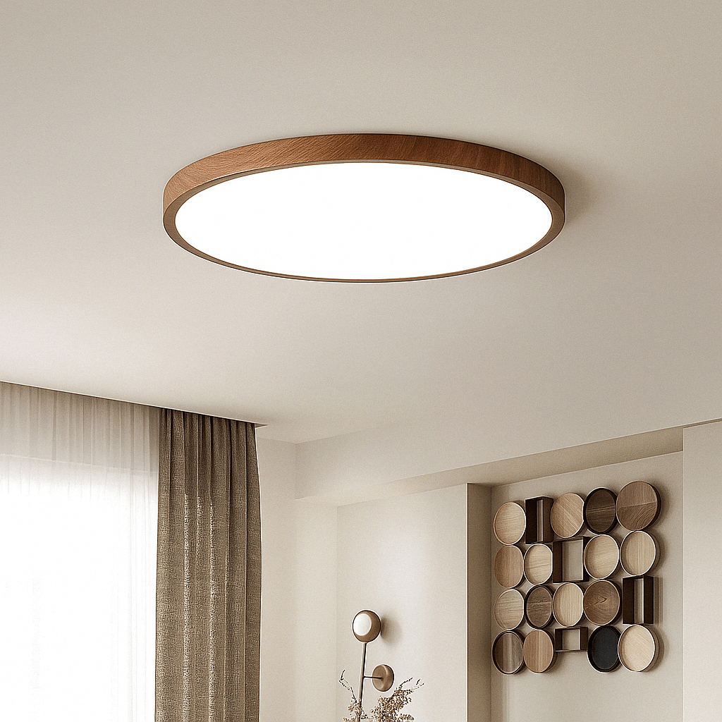 Ronde ultradunne lamp met bruine houtlook rand aan het plafond van een lichte kamer met gordijnen en wanddecoratie. 11