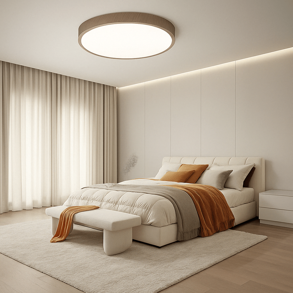 Lamp met houtlook rand boven een bed in een rustige crèmekleurige slaapkamer met oranje plaids en kussens. 12