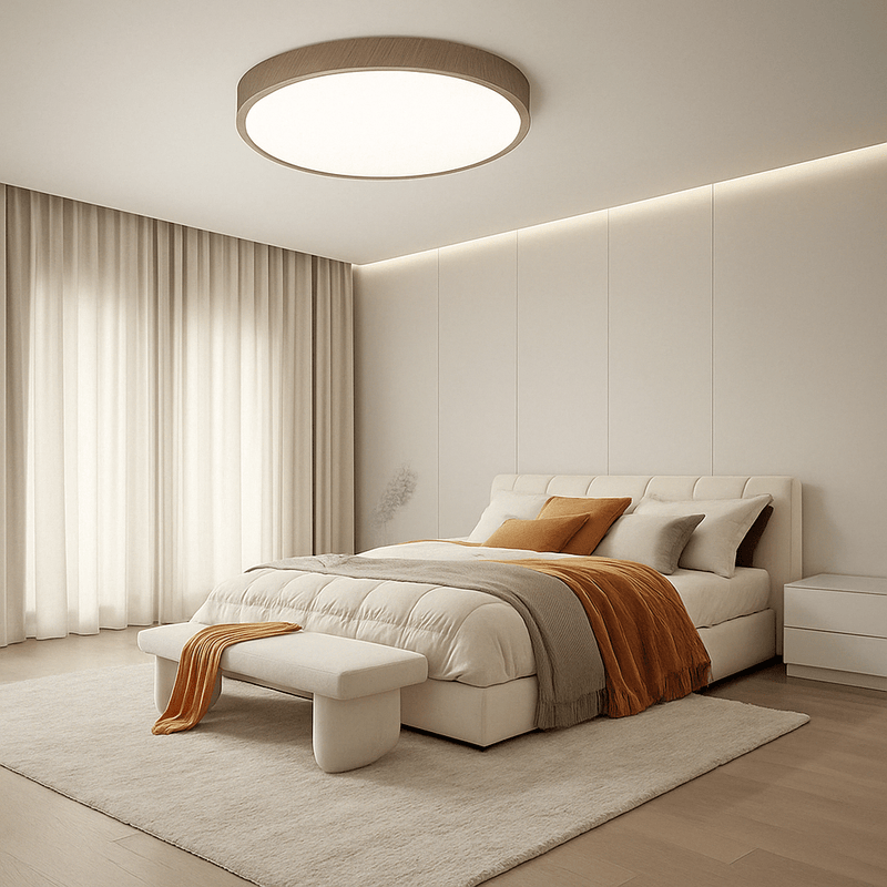 Lamp met houtlook rand boven een bed in een rustige crèmekleurige slaapkamer met oranje plaids en kussens. 12