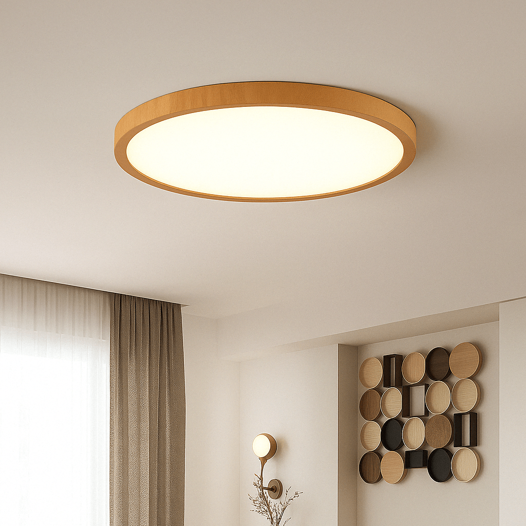 Aangezette plafondlamp met warm licht en lichte houtrand in een kamer met gordijn en houten wanddecoratie. 14