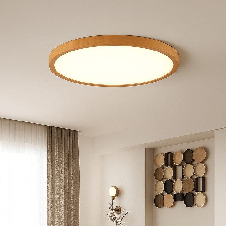 Aangezette plafondlamp met warm licht en lichte houtrand in een kamer met gordijn en houten wanddecoratie. 14