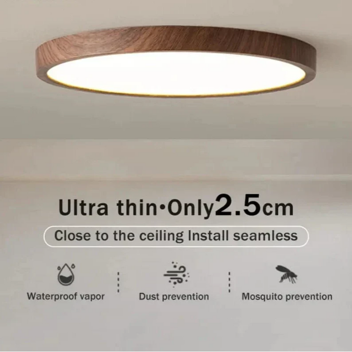 Donkere houtlook plafondlamp vlak tegen het plafond, met iconen die aangeven dat hij dun is, stofdicht en insectenwerend. 15