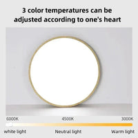 Ronde lamp met lichte houtrand die fel wit licht geeft, met schaal van drie instelbare kleurtemperaturen eronder. 18